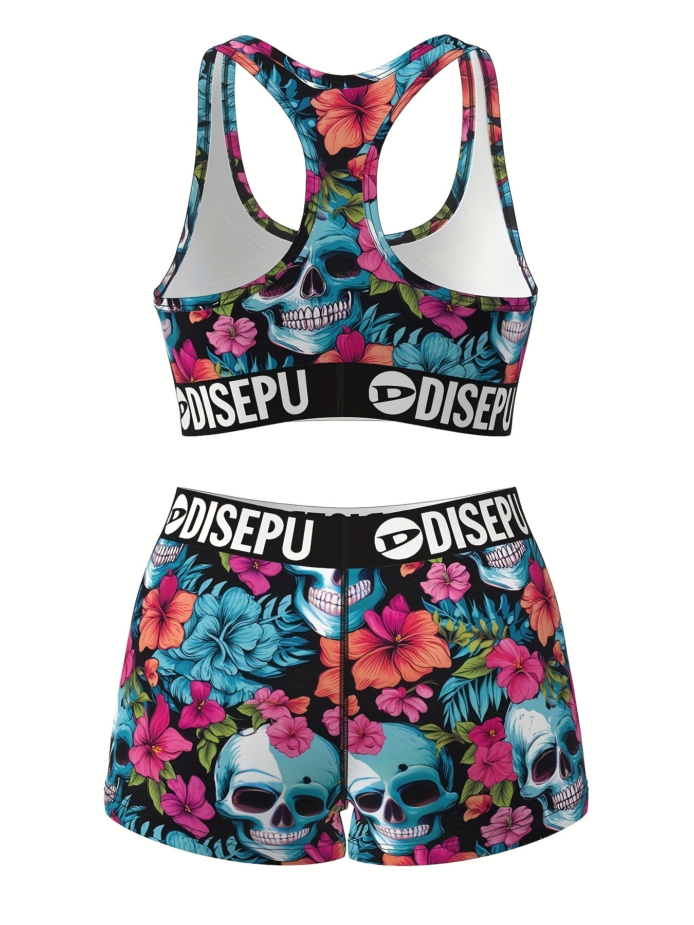 A Vibrant Floral Skull Design Sports Bra And Shorts Combo, Featuring High Elasticity And Breathability, Perfect for Fitness Activities, Swimming, Yoga, Running, And Casual Outings