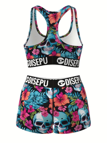 A Vibrant Floral Skull Design Sports Bra And Shorts Combo, Featuring High Elasticity And Breathability, Perfect for Fitness Activities, Swimming, Yoga, Running, And Casual Outings