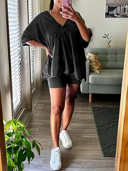 Women'S 2pcs Set Featuring Oversized Biker Shorts And a Reversible