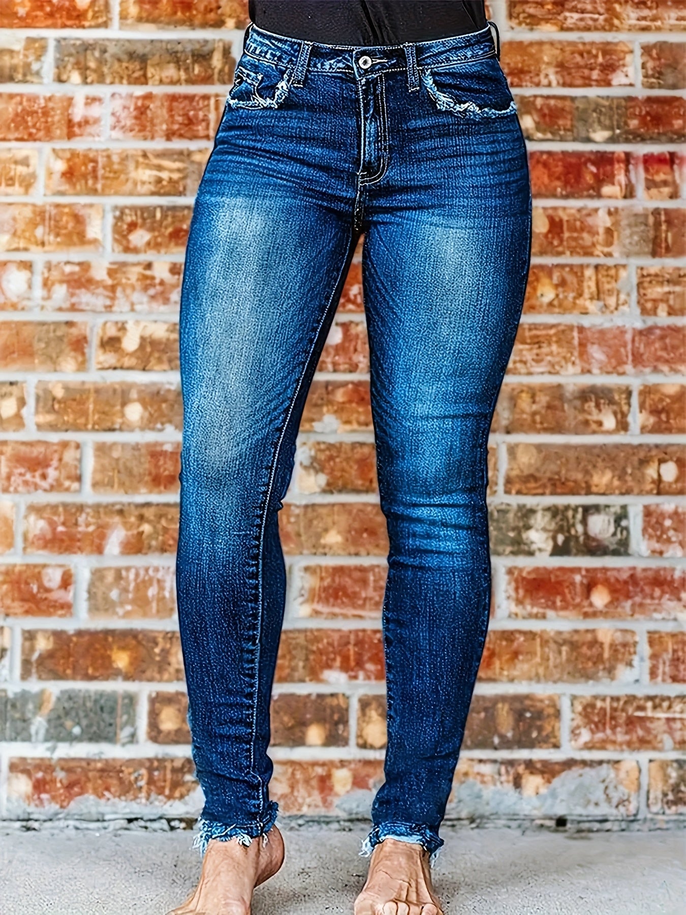 Women's Blue Elastic Denim Leggings with A Fuzzy Edge That Slims The Figure