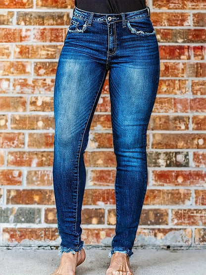 Women's Blue Elastic Denim Leggings with A Fuzzy Edge That Slims The Figure