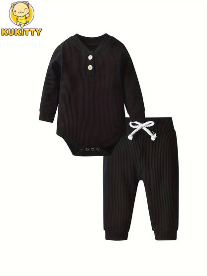 Kukitty Newborn Baby Boys Girls Clothes Unisex Long Sleeve Solid Color Ribbed Bodysuit And Pants Outfits Set, for Outdoor