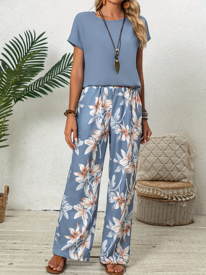 Women Solid Color Round Neck Short Sleeve Top And Flower Print Wide Leg Pants Set for Summer Two Piece Outfits
