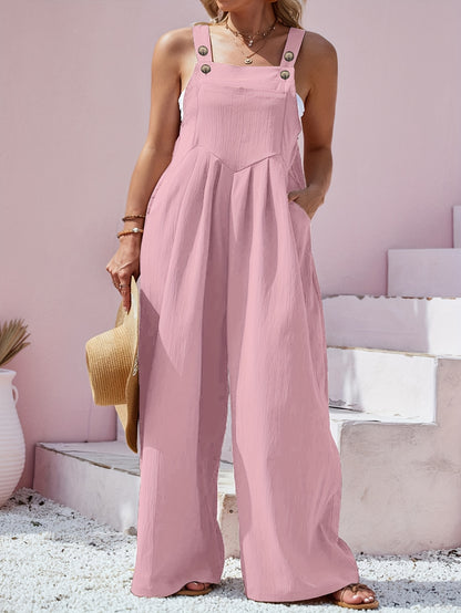 Plus Size - Plus Size Women'S Jumpsuit Spring And Summer Button Back Tie One-piece Pants - Back Tie Button Design, Thin Thickness, Loose - Spring & Summer Plus Size Women'S Vacation Jumpsuits