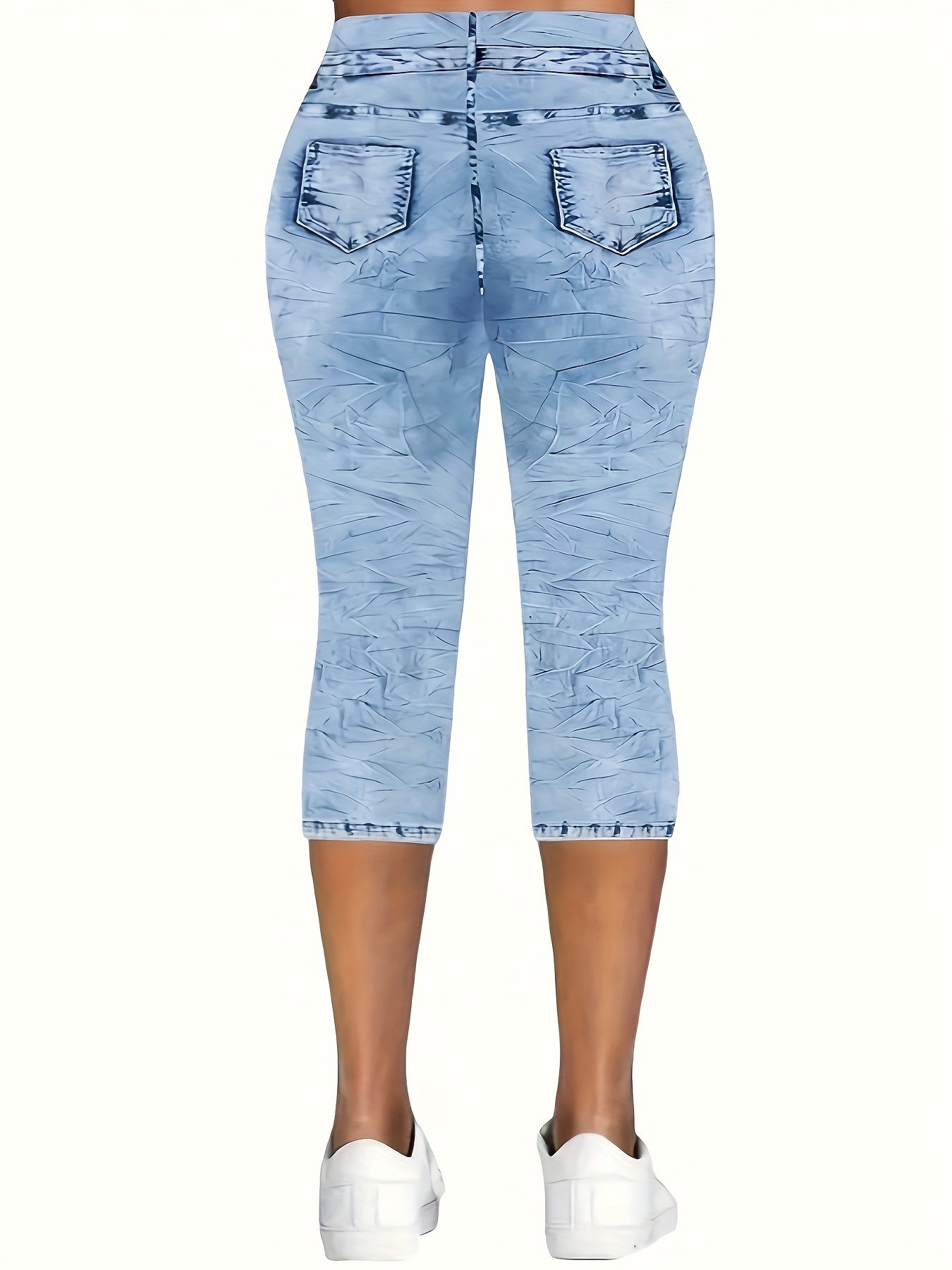 Plus Size, [Printed Pants - Not Denim Fabric] Women's High-Waisted Capri Pants - Light Blue Denim-Faux Denim Leggings with Anti-Faux Denim Pocket, Stretchy Four-Way Stretch Capri Length Pants Suitable for All Seasons, Plus Size Available