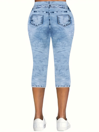 Plus Size, [Printed Pants - Not Denim Fabric] Women's High-Waisted Capri Pants - Light Blue Denim-Faux Denim Leggings with Anti-Faux Denim Pocket, Stretchy Four-Way Stretch Capri Length Pants Suitable for All Seasons, Plus Size Available