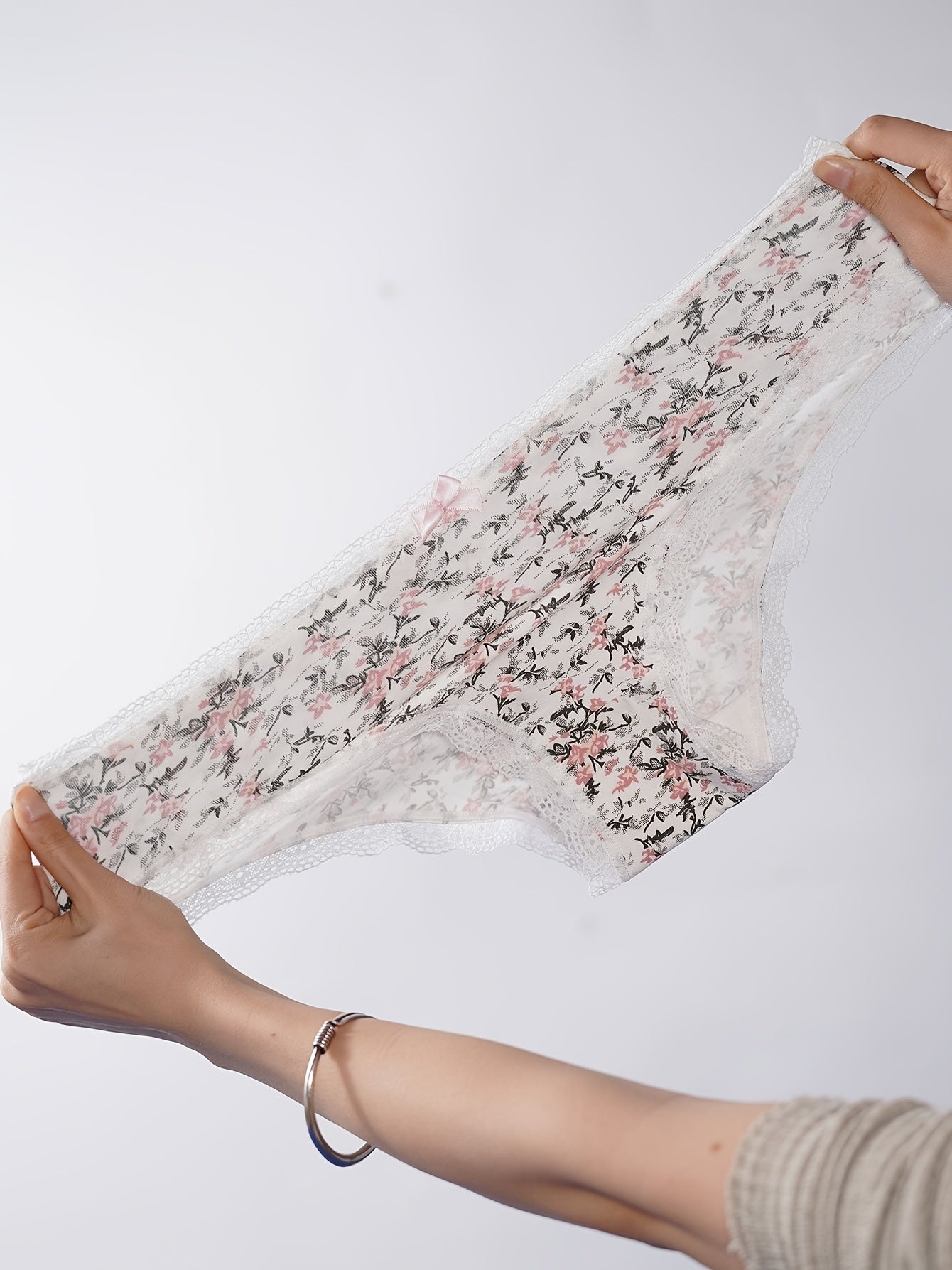 5-Pack Women'S Triangle Panties with Floral Print, Nude Comfortable Soft Stretchy Large Size Underwear with Bow Decoration, Simple Elegant Breathable Briefs - 2025 New Arrival
