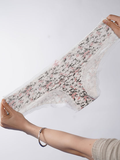 5-Pack Women'S Triangle Panties with Floral Print, Nude Comfortable Soft Stretchy Large Size Underwear with Bow Decoration, Simple Elegant Breathable Briefs - 2025 New Arrival
