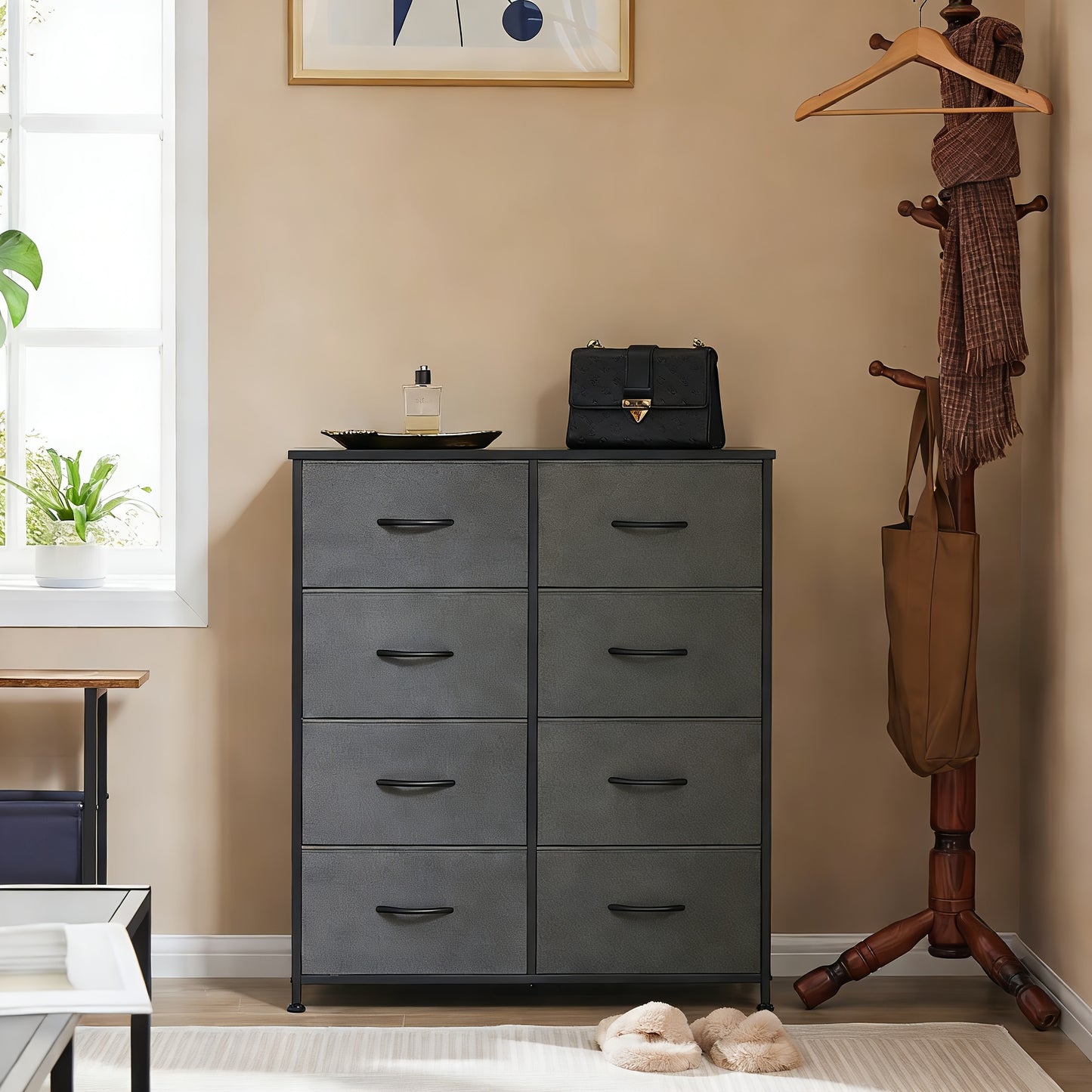 8-drawer Chest | Sturdy Steel Frame Support, Anti-dumping Design, Suitable for Bedroom, Cloakroom, Corridor, Black and Gray, Oak Finish, Assembly Required, ≥3.2 Cubic Feet Storage Capacity