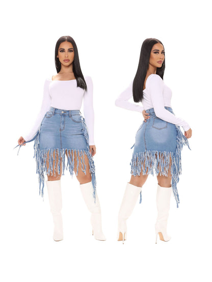 Fashionable Fringed Denim Mini Skirt, Washed High-Waist Sexy A-Line, Hot Vintage Design, Versatile Summer Trendy Item