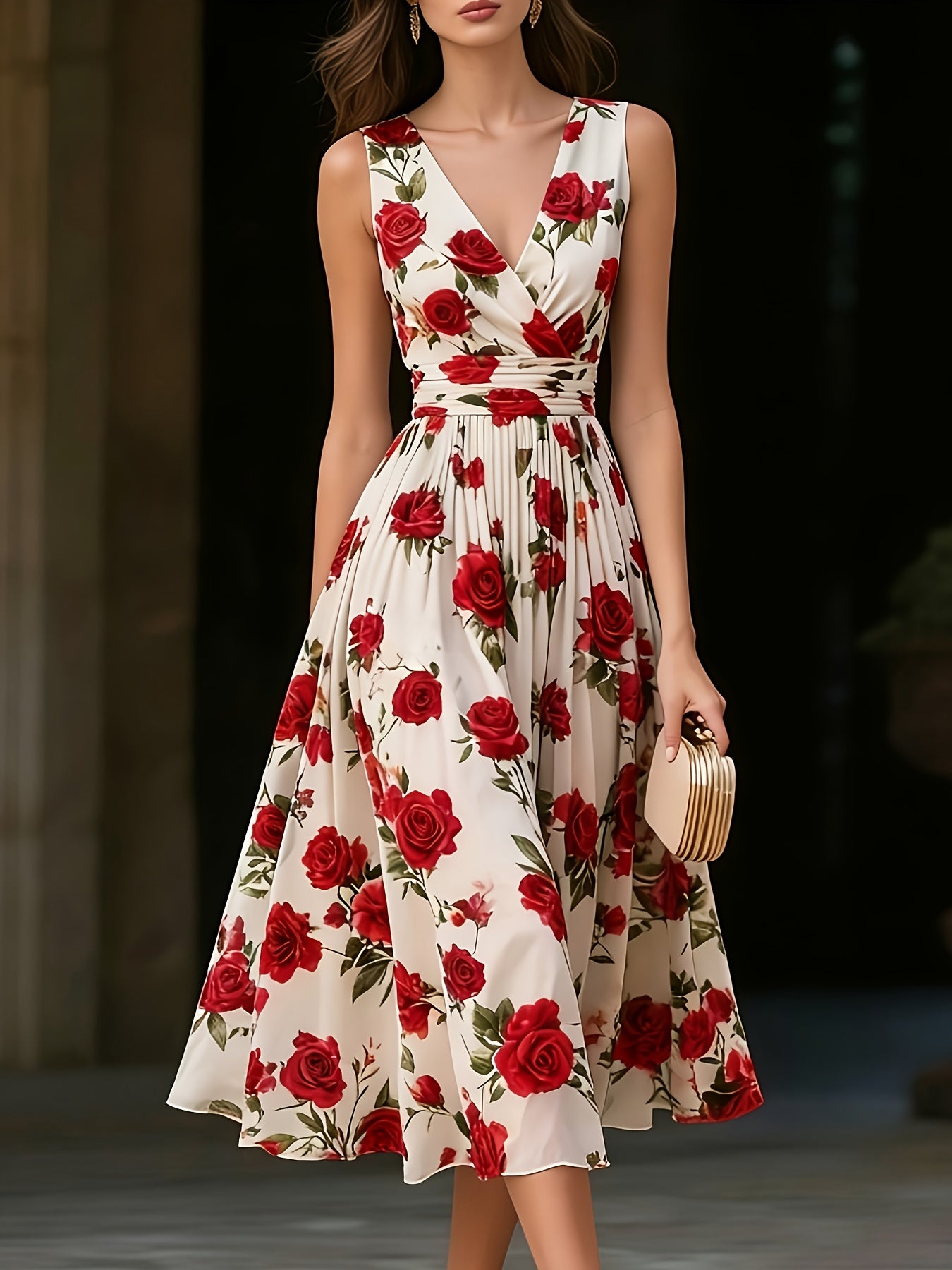 Beige Floral Chiffon V-Neck Sleeveless A-Line Midi Dress