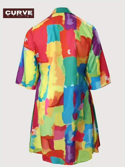 Plus Size - Plus Size - Spring, Summer And Autumn Casual Shirt Dress, Multi-Color Printed, V-Neck Lapel, Knee-Length, Long-Sleeved, Elegant Vacation, Plate-Size Ladies' Dress