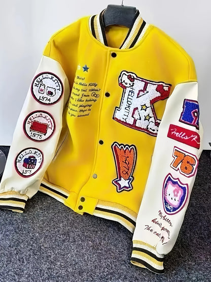 for sanrio Licensed Women'S Jacket Featuring Hello Kitty And Kuromi Patches - Lightweight Spring And Autumn Coat, Cute Anime Character Outerwear, Perfect For Parties And Everyday Wear - Iconic Brand Accessories (a Must-have For Sanrio Fans)