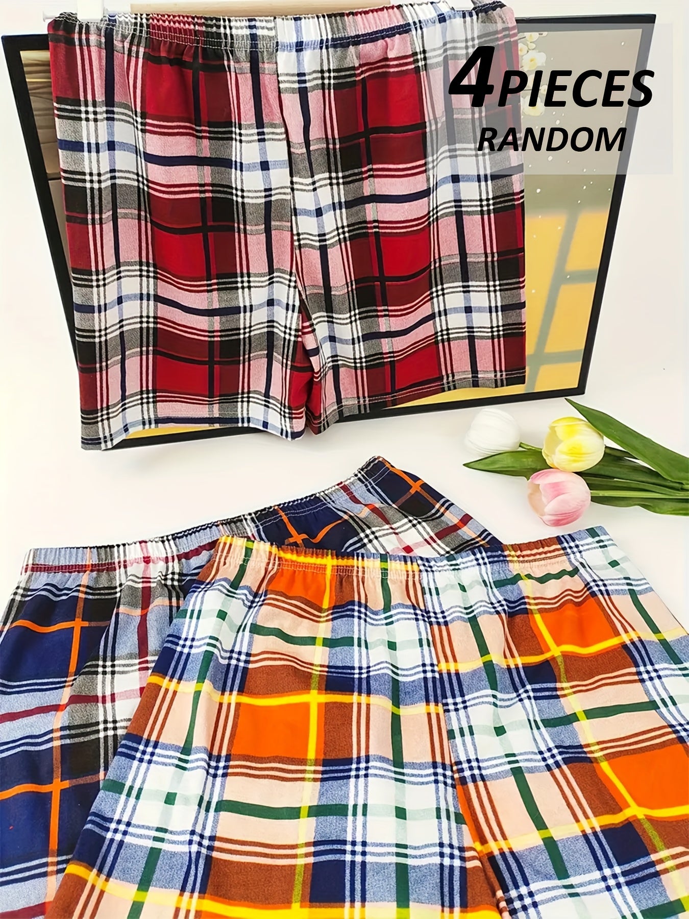 Men'S 4-Pc Plaid Boxer Shorts, Soft, Breathable, Random Colors, Casual Loose Fit Underwear Boxer Shorts