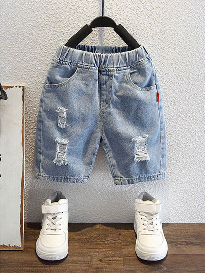 Boys' Summer New Cartoon Print 2pcs Set with Collar Short Sleeve and Distressed Denim Shorts, Perfect for Outdoor
