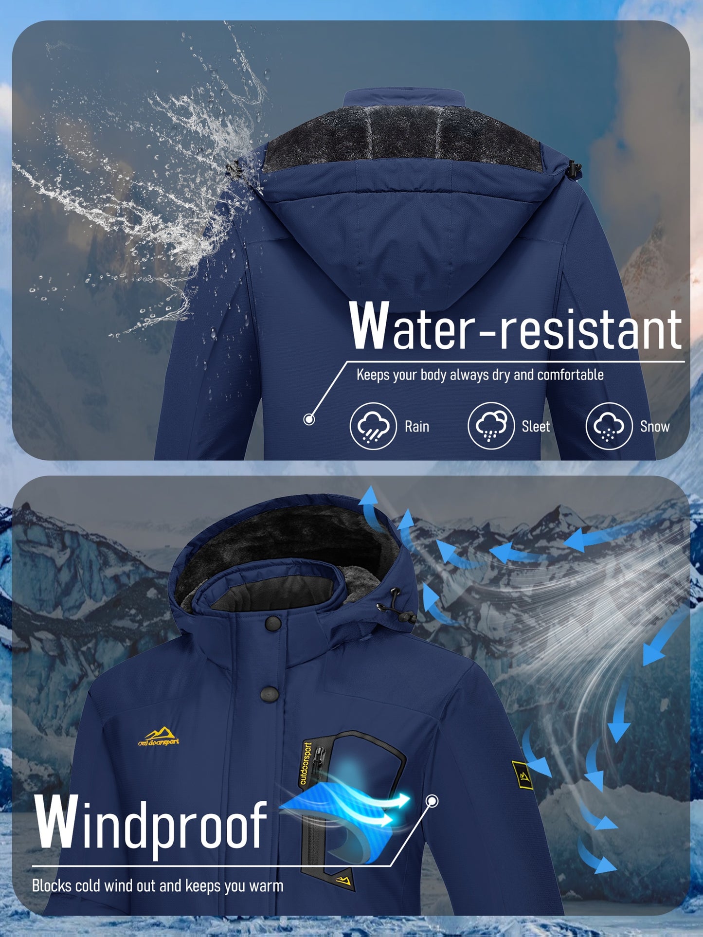 Winter Jacket for Women - Women's Ski Snowboard Jacket Thermal Fleece High Quality Insulated Snow Jacket Casual Work Jacket Outdoor Sports Coat Windbreaker Parka 4 Pockets Camping Snow Jacket Windproof Hood Warm Winter Hiking Fleece Lined Jacket