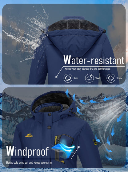 Winter Jacket for Women - Women's Ski Snowboard Jacket Thermal Fleece High Quality Insulated Snow Jacket Casual Work Jacket Outdoor Sports Coat Windbreaker Parka 4 Pockets Camping Snow Jacket Windproof Hood Warm Winter Hiking Fleece Lined Jacket
