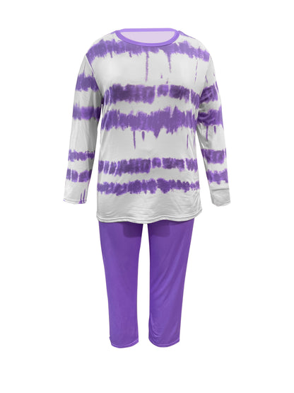 Plus Size - Plus-size Fashion Tie-dye Striped Print Long-sleeved Trousers Suit, Suitable For Going Out