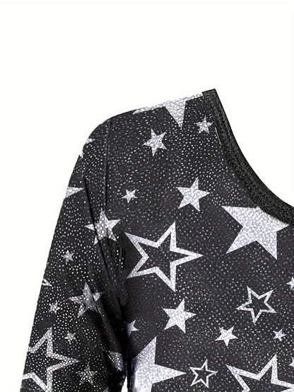 Girls' 3pcs Gymnastics Leotard Set with Stars Pattern, Long Sleeve Bodysuit & Matching Shorts - Includes Hairband, Stretchy & Breathable Fabric for Dance Training, Perfect for Outdoor, All Seasons, Gift for Back-to-School Season, Beach Essentials