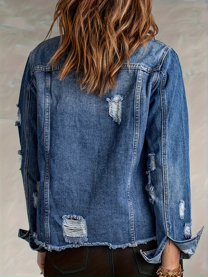 Women's Ripped Washed Button-Up Denim Jacket Coat with Pockets, Casual Classic Distressed Denim Outerwear TZ001