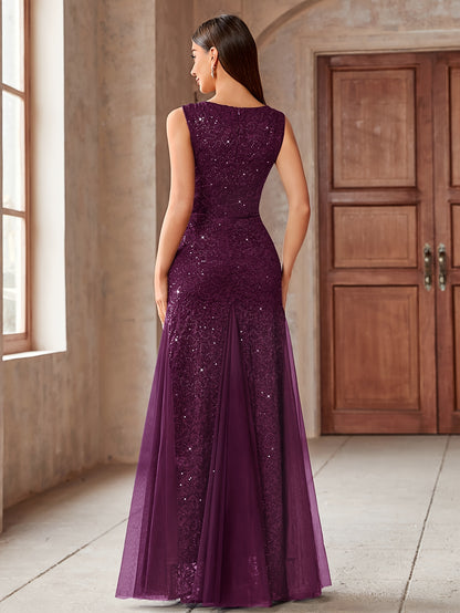23218 Elegant Women's Sequin Lace Long Evening Bridesmaid Dress, Sweetheart Neckline Sleeveless Design with Slit Tulle Mermaid Hem, Perfect for Formal Wedding Party