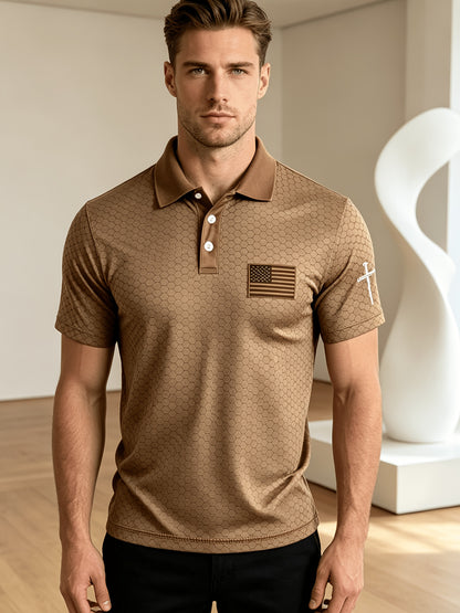 American Flag Gradient Cross Print Polo Shirt for Men's Casual Lapel Short Sleeved Patriotic Themed Commuting Top, American Flag Armband Contrasting Striped Short Sleeved Casual Business Lapel Top