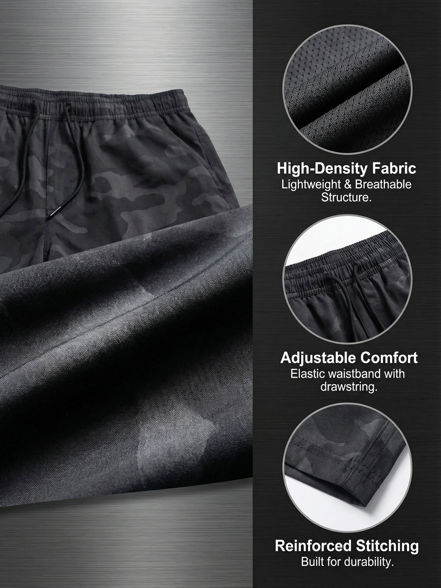 3-Pc Men'S Cargo Shorts, Solid Color Camouflage Series, Casual Athletic Shorts - (Includes Wristband)Multi-Pocket Ripstop, Adjustable Waist (Black, Gray, Khaki) - Outdoor & Travel