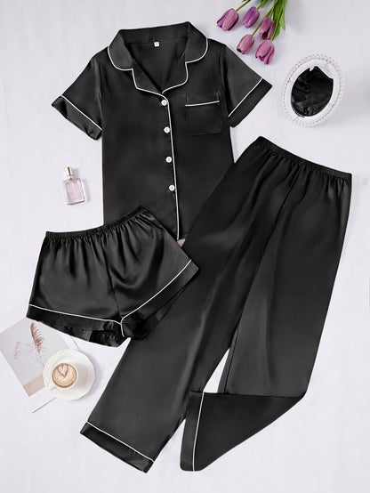 Solid Color Women'S Simple And Comfortable 3pcs Pajama Set, Includes 3pcss: Collared Short-Sleeve Top & Elastic Waist Shorts & Elastic Waist Long Pants Women'S Pajama Set