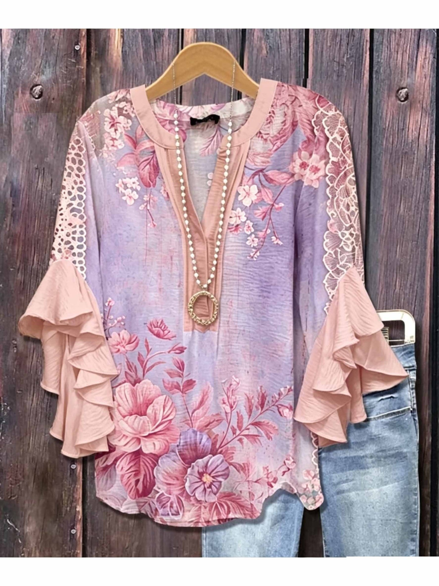 [Holiday Tops] Women's Blouse Ruffle Print Paisley Stylish Modern 3/4 Length Sleeve V Neck Regular Tops Daily Holiday Blue Black Wine Khaki Summer