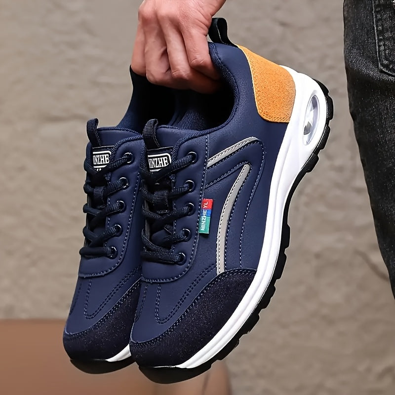 Men's Low-Top Sneakers - Breathable Fabric Lining And Cushioned Air Technology for Year-round Comfort, Navy Blue with Golden Accents - Spiderweb Running Shoes with Arch Support, Athletic Sneakers, Stylish Footwear, Comfortable Fit