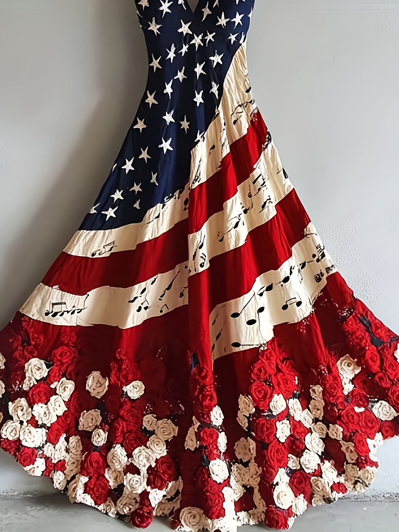 Women's Patriotic Maxi Dress - A-Line Silhouette, Suitable for Vacation, Leisure & Beach Outings, Loose Fit, National Flag Pattern, Sleeveless, V-Neck, Red National Flag Design with Built-In Cups