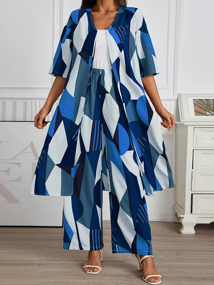 Vacation Style Geo Print Pantsuits Set, Long Length Short Sleeve Shirt & Wide Leg Pants Outfits, Women's Clothing