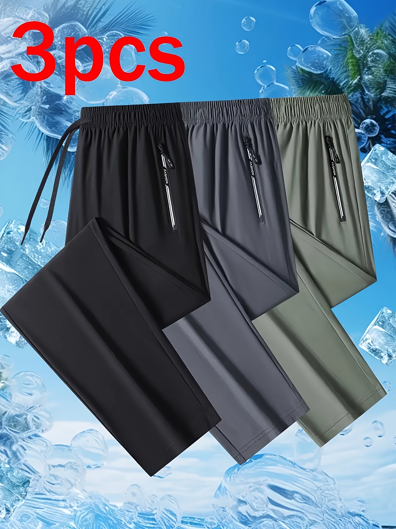 3pcs Men's Lightweight Quick Dry Long Pants, Breathable Athletic Pants with Zipper Pockets, Elastic Drawstring Waist, Ideal for Gym, Running, Hiking, Daily Casual Wear, Fishing, Camping, Perfect As A Gift