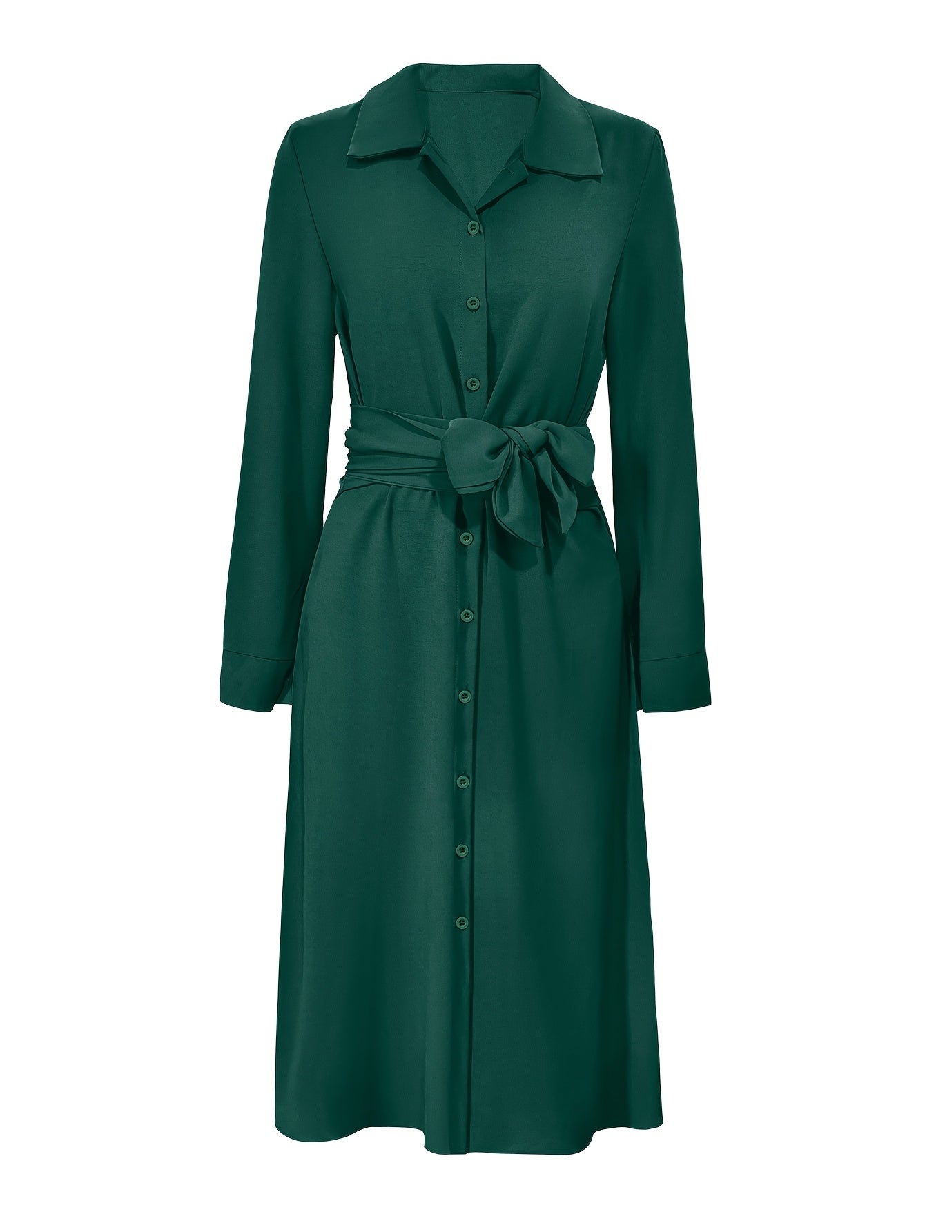 Elegant Women'S Long Sleeve Wrap Belted Shirt Dress - Green Solid Color For Spring, Autumn, And Summer Business Casuas