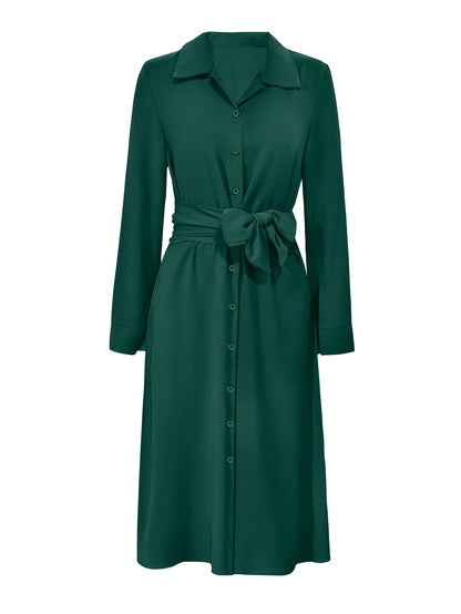 Elegant Women'S Long Sleeve Wrap Belted Shirt Dress - Green Solid Color For Spring, Autumn, And Summer Business Casuas