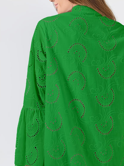Elegant Mint Green V-Neck Shirt Dress with Bell Sleeves and Lace Cut-Out Detail - Chic Long Casual Dress for Women, Ideal for Home Gatherings and Parties, Casual Party Dress|Bell Sleeve Dress|Machine Washable Dress, Cute Dresses