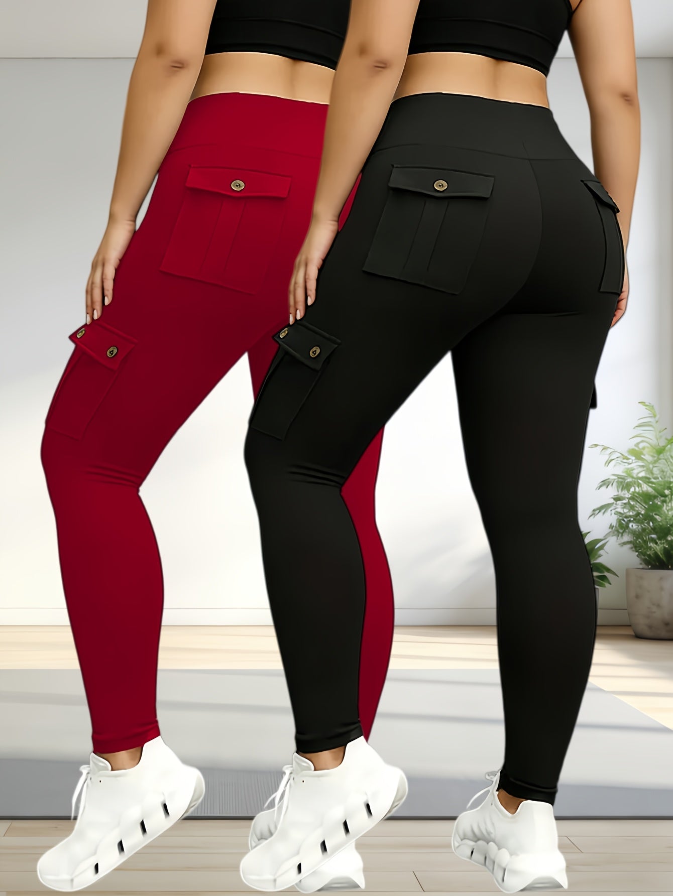 5pcs Set Of Women's High-waists Yoga Leggings with Belt Pockets, Elastic Running And Sports Leggings, Button Design, Solid Colors (black, Navy Blue, Gray, Pink, Red), Practical Flap Pockets, Comfortable Fabric.