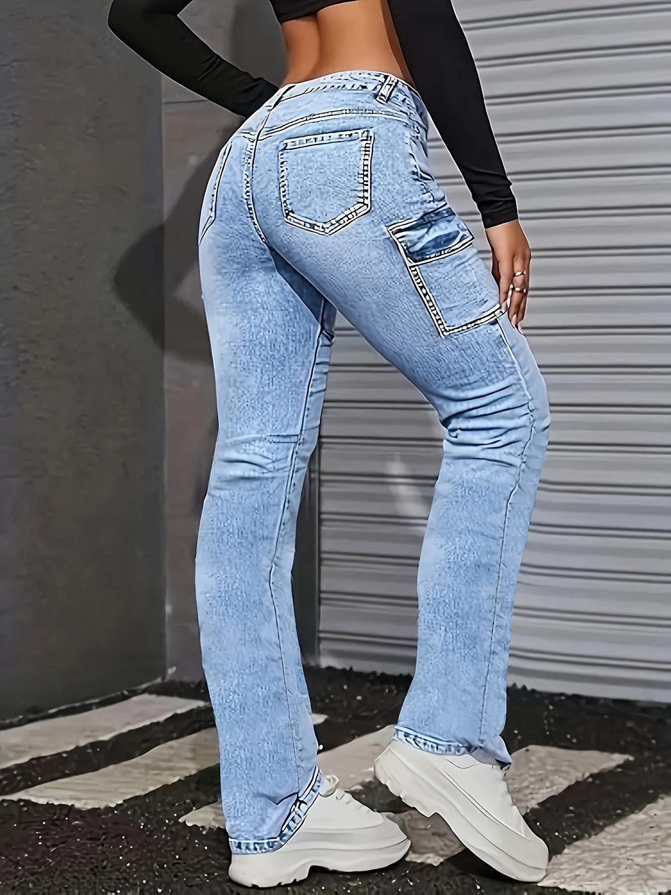 Women's Light Blue Slim-Fit Stretch Denim Jeans - Casual All-Season Machine Washable Pants with Pockets, Solid Color & Non-See-Through Fabric, Pocketed Trousers, Medium Elasticity