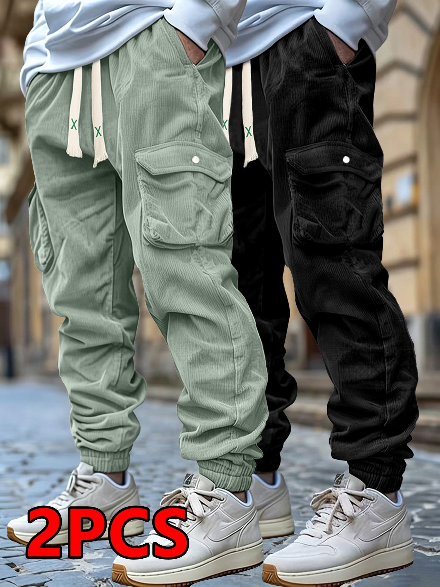 2 Pairs Men'S Four-Season Universal Corduroy Cuffed Sweatpants, Elastic Waist Solid Color Jogger Casual Pants