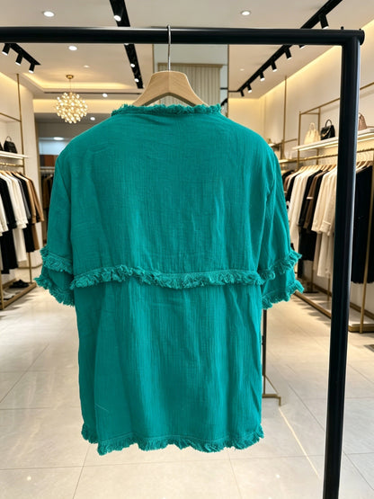 Women'S Round Neck Short Sleeve Casual Blouse with Fringed Trim