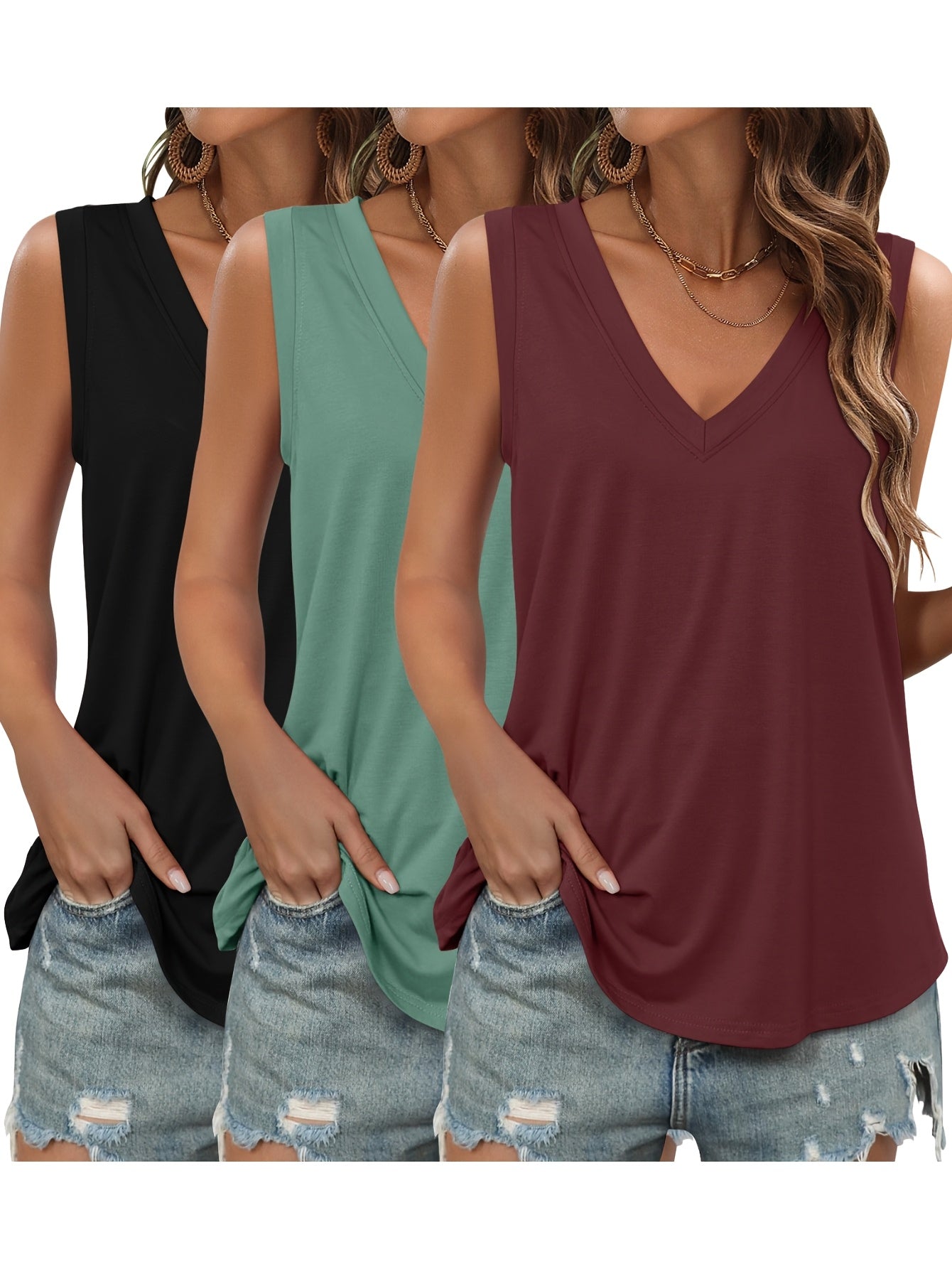 [3 Pack Tank Tops] 3 Pack Womens Tank Tops 2026 Spring Summer Vacation Outfits V Neck Loose Sleeveless Blouse Casual Shirts Fashion Clothes