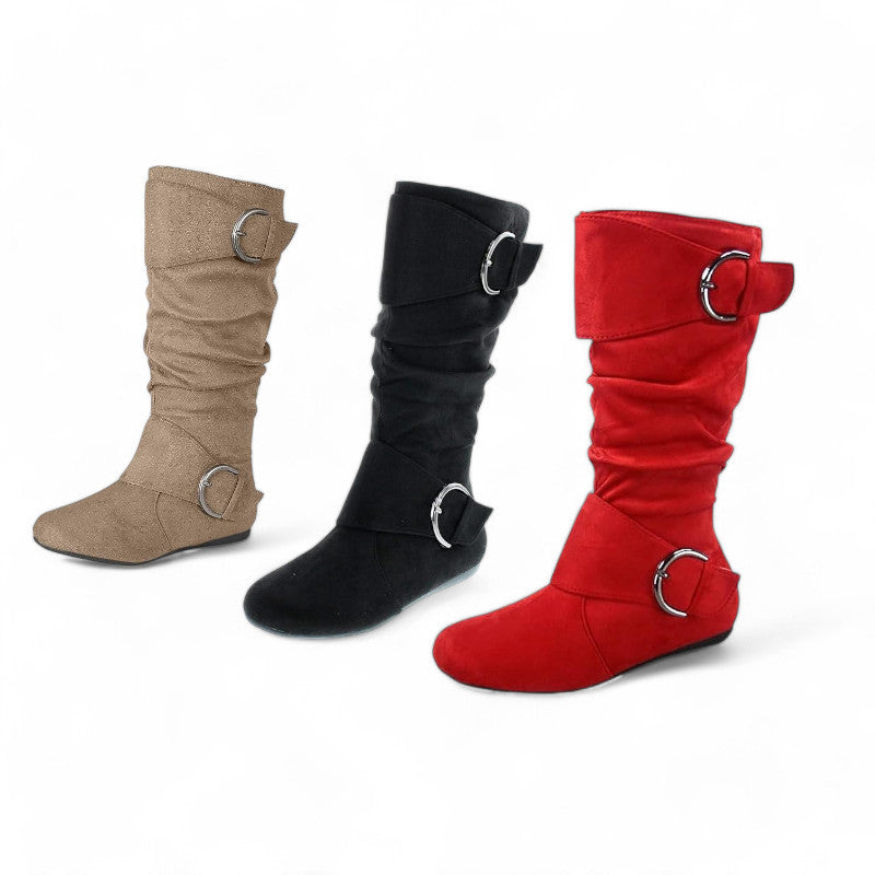 Women's Closed Round Toe Buckle Slouch Flat Heel Mid-Calf Boot