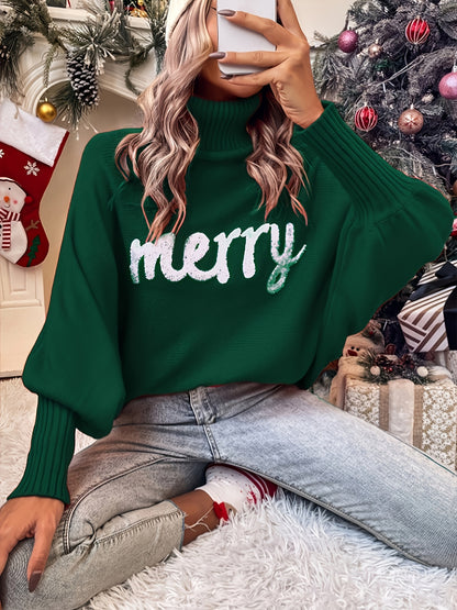 Women's Merry Christmas Letter Sweater - Batwing Sleeves & High Collar Winter Top, Loose Fit Sweaters for Xmas Parties, Casual Weather Wear (Hand Washable) - Solid Color Cozy Blouse