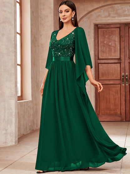 53303 Elegant Women's Lace & Sequin Bridesmaid Dress - A-Line Maxi Wedding Gown with 3/4 Bell Sleeves, V-Neck Color-Block (Bodice &), Machine Washable Bridesmaids Gown for Weddings, Parties, Prom