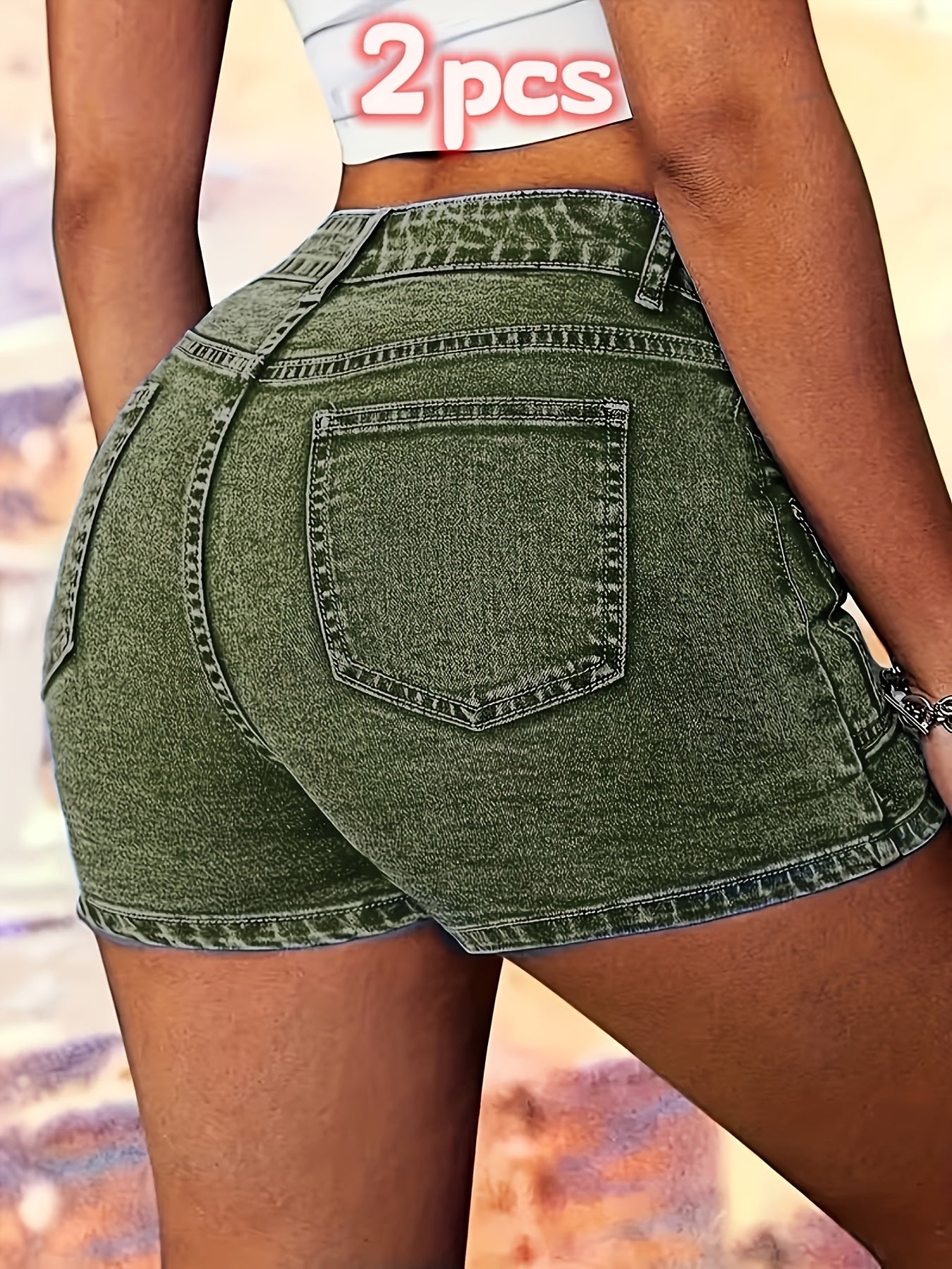 2pcs Women's Stretch Denim Shorts with Cargo Pockets & Built-In Zipper - Mid-Stretch Machine-Washable Durable Washed Denim Shorts Suitable for Fitness, Casual Wear, Spring/Summer Shorts, Cargo Shorts for Outdoor Activities, Gym Shorts