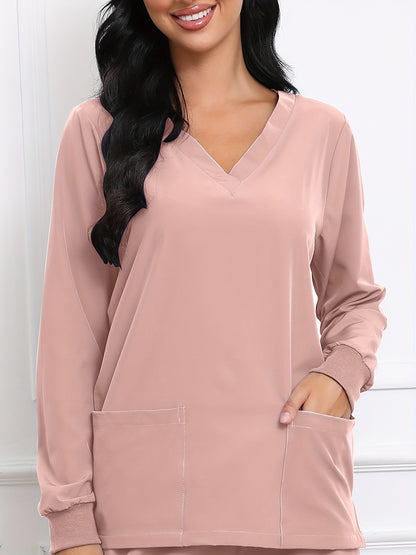 Women's V-Neck Long Sleeve Matte Breathable S Uniform Pockets Wash Clothes Work Shirt Scrubbing Top