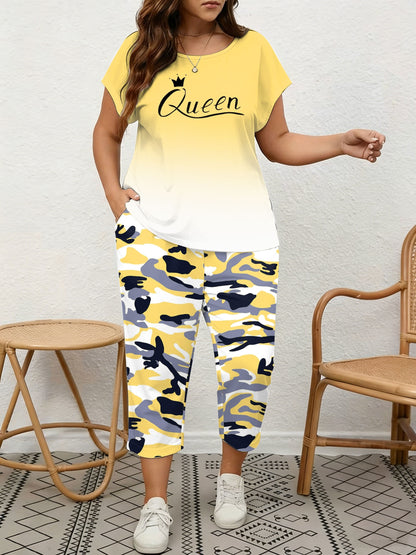 Plus Size, Spring/Summer Plus Size Women's 2pcs Set, Gradient Print And Queen Print, Round Neck Top with Capri Pants, Suitable for Home, Leis And Outings