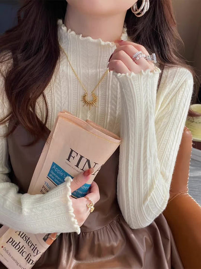 Soft Lettuce Trim Mock Neck Pullover Sweater - Ultra-Soft And Cozy Casual Wear With Long Sleeves For Maximum Comfort, Versatile Inner Wear For Layering, Perfect For Transitional Seasons (Spring And Fall) - Exclusively Designed For Women