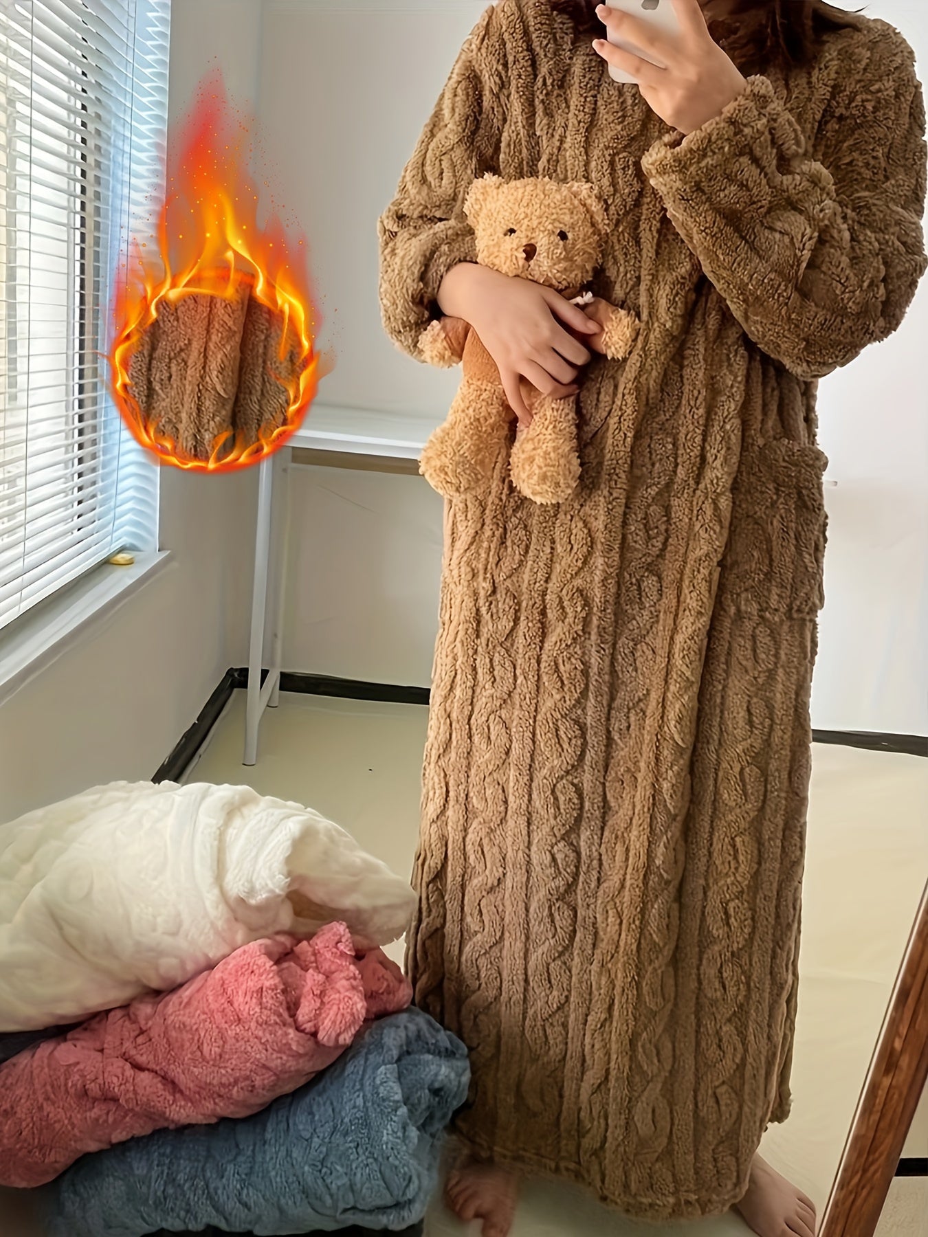 Ladies' Thick Coral Velvet Sleeper Robe - Super Soft Long with Pocket, Winter Home Sleeper, Machine Washable SPA Casual Clothing, Comfortable and Warm Home Outfit, Round Neck Warm Sleeper, Durable and Comfortable Material