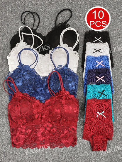 10pcs Of Women'S Underwear And Panties Combination Set Without Steel Rims, Comfortable Daily Exquisite Lace Bra Base, Beautiful Back, Seamless Suspender With Chest Cushion, Detachable Bra, Lace Underwear, Women'S Underwear And Panties